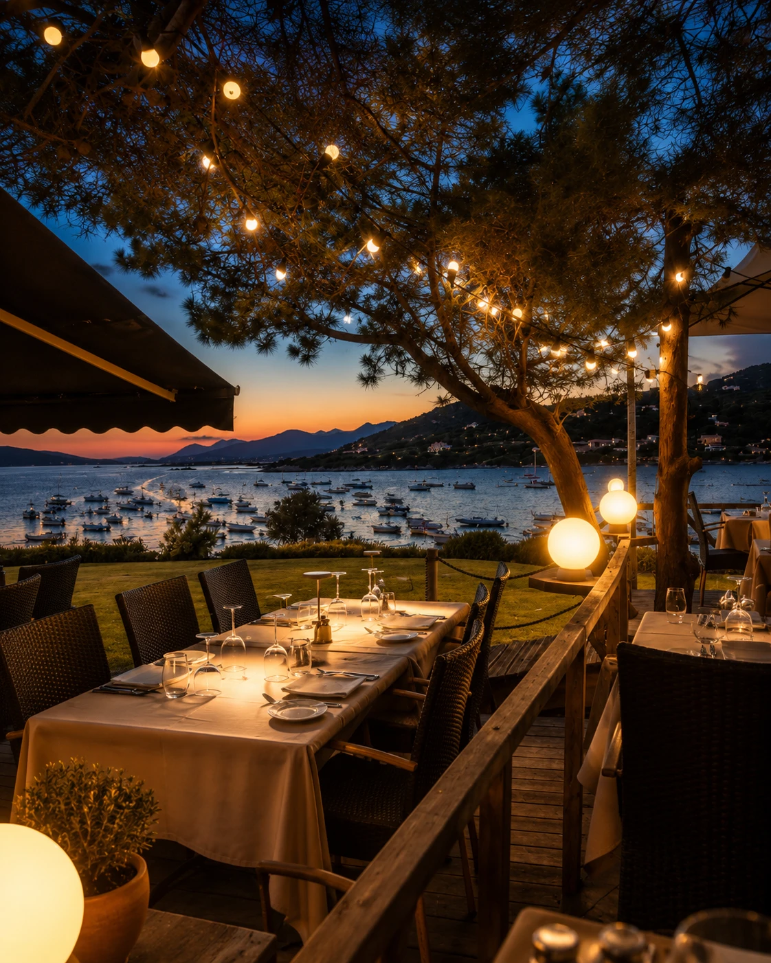Ambiance de la terrasse de Chez Mico face à la baie en Corse-du-Sud